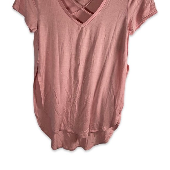 Size: Medium - Pink T-Shirt w/ Hi-Lo Hem & Criss-Cross Neckline - Picture 2 of 3